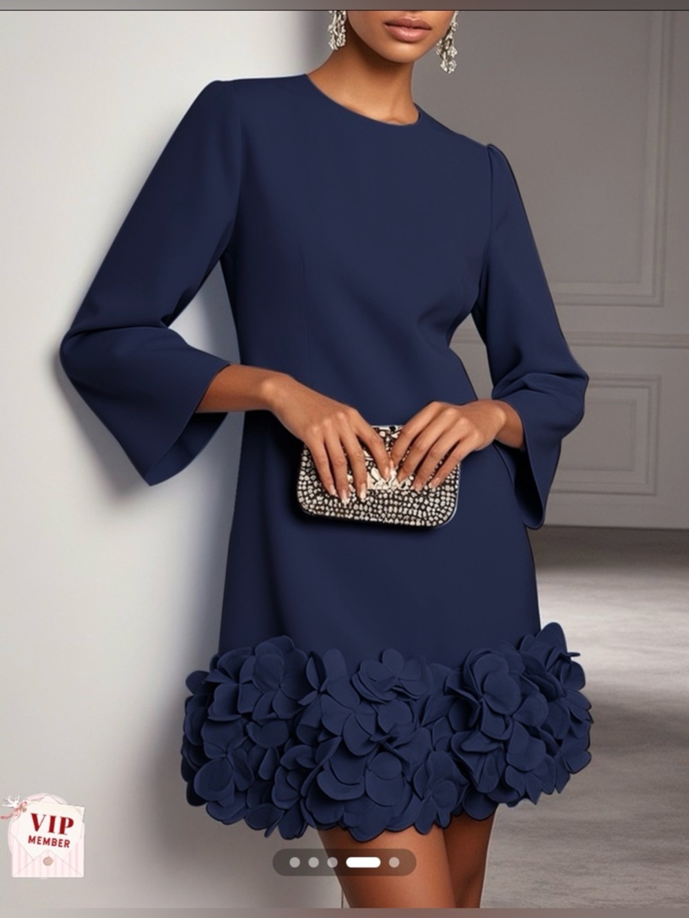Fehaute Purplish Blue 3D Floral  Crew Neck Bell Long Sleeve Shift Mini Dress